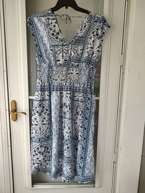 Blue and White Printed Sundress - Lightweight Women's Dress
